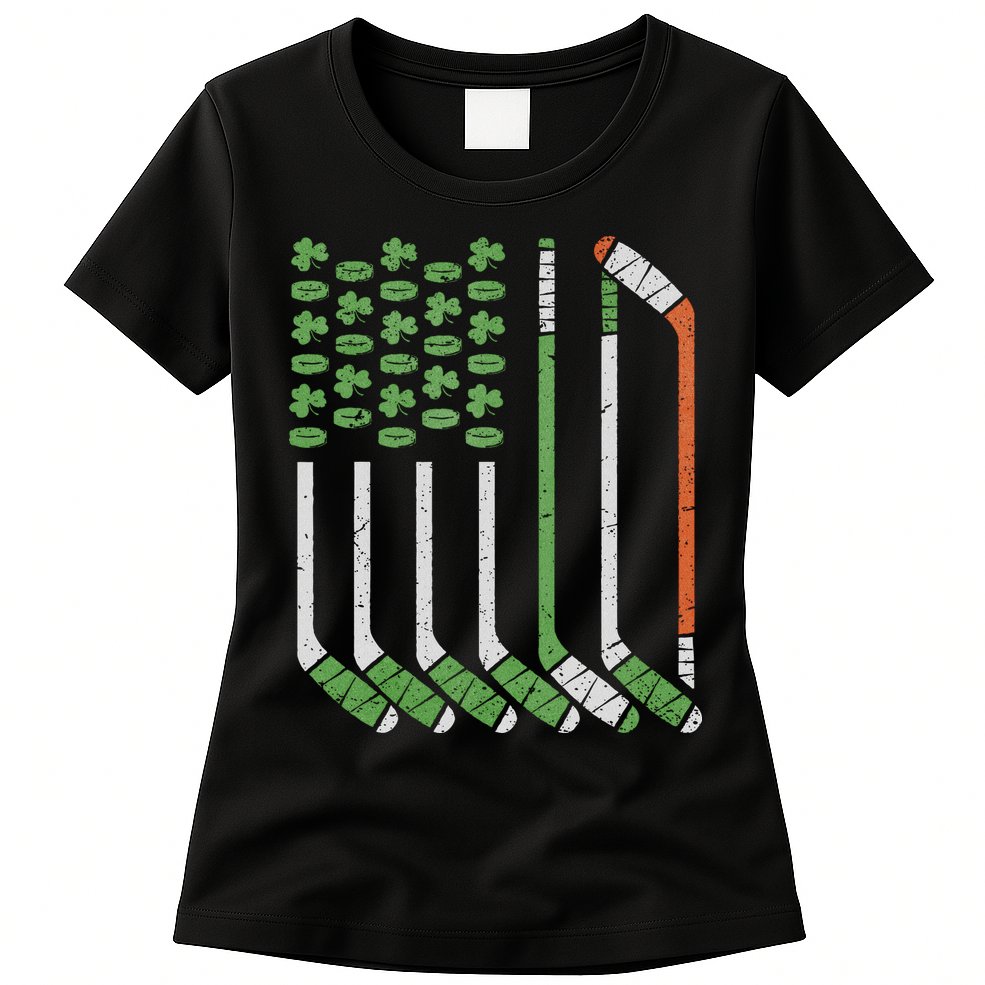 Vintage St Patricks Day Ice Hockey Iris American Flag Hockey Womens T-Shirt