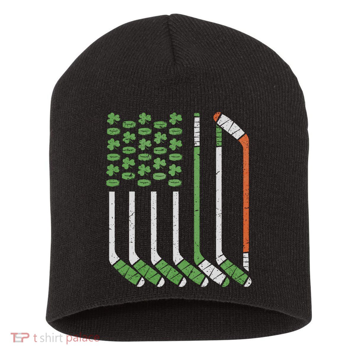Vintage St Patricks Day Ice Hockey Iris American Flag Hockey Short Acrylic Beanie