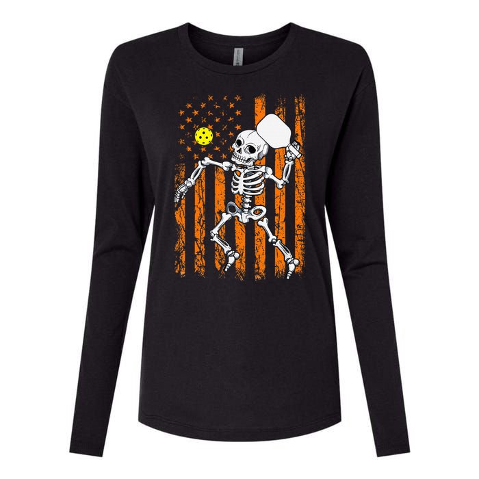 Vintage Skeleton Pickleball USA Flag Halloween Costume Womens Cotton Relaxed Long Sleeve T-Shirt