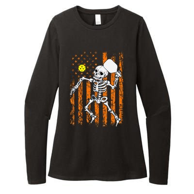 Vintage Skeleton Pickleball USA Flag Halloween Costume Womens CVC Long Sleeve Shirt