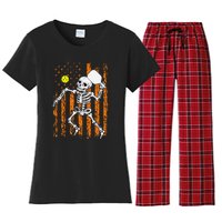 Vintage Skeleton Pickleball USA Flag Halloween Costume Women's Flannel Pajama Set