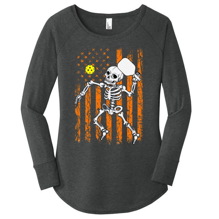 Vintage Skeleton Pickleball USA Flag Halloween Costume Women's Perfect Tri Tunic Long Sleeve Shirt