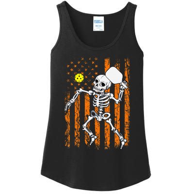 Vintage Skeleton Pickleball USA Flag Halloween Costume Ladies Essential Tank