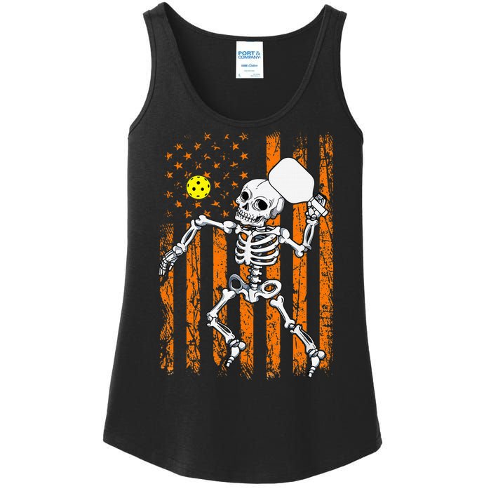 Vintage Skeleton Pickleball USA Flag Halloween Costume Ladies Essential Tank