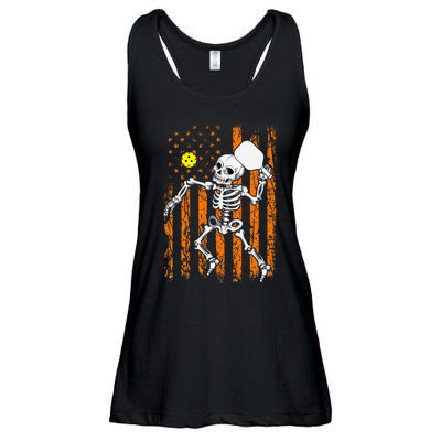 Vintage Skeleton Pickleball USA Flag Halloween Costume Ladies Essential Flowy Tank