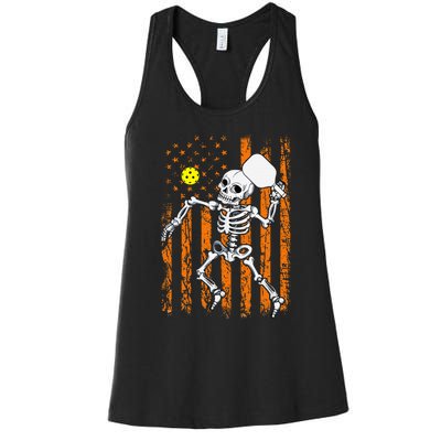 Vintage Skeleton Pickleball USA Flag Halloween Costume Women's Racerback Tank