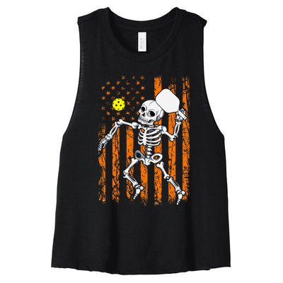 Vintage Skeleton Pickleball USA Flag Halloween Costume Women's Racerback Cropped Tank