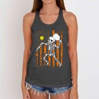 Vintage Skeleton Pickleball USA Flag Halloween Costume Women's Knotted Racerback Tank