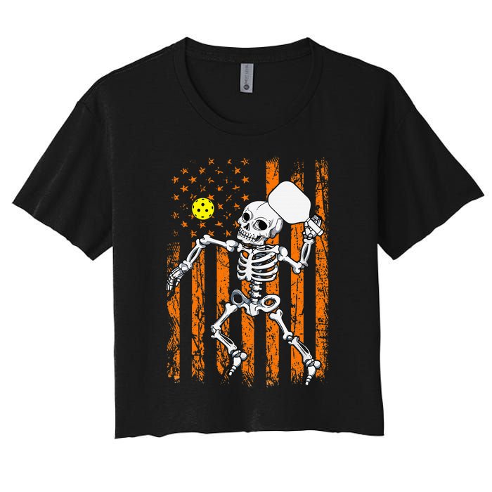 Vintage Skeleton Pickleball USA Flag Halloween Costume Women's Crop Top Tee