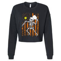 Vintage Skeleton Pickleball USA Flag Halloween Costume Cropped Pullover Crew