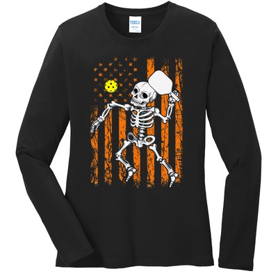 Vintage Skeleton Pickleball USA Flag Halloween Costume Ladies Long Sleeve Shirt