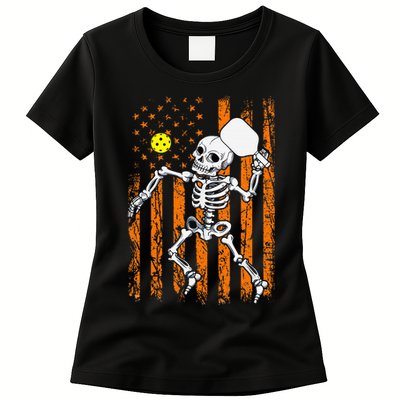 Vintage Skeleton Pickleball USA Flag Halloween Costume Women's T-Shirt