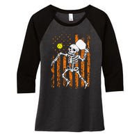 Vintage Skeleton Pickleball USA Flag Halloween Costume Women's Tri-Blend 3/4-Sleeve Raglan Shirt