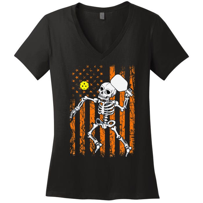 Vintage Skeleton Pickleball USA Flag Halloween Costume Women's V-Neck T-Shirt