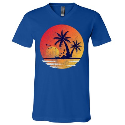 Vintage Sunrise Palms Vacay Summer Vacation Vibes Tee Sunset Gift V-Neck T-Shirt