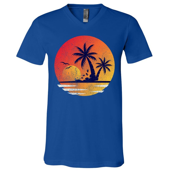 Vintage Sunrise Palms Vacay Summer Vacation Vibes Tee Sunset Gift V-Neck T-Shirt