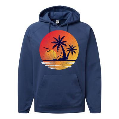 Vintage Sunrise Palms Vacay Summer Vacation Vibes Tee Sunset Gift Performance Fleece Hoodie