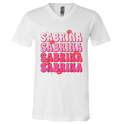 Vintage Sabrina Personalized Name I Love Sabrina Groovy V-Neck T-Shirt