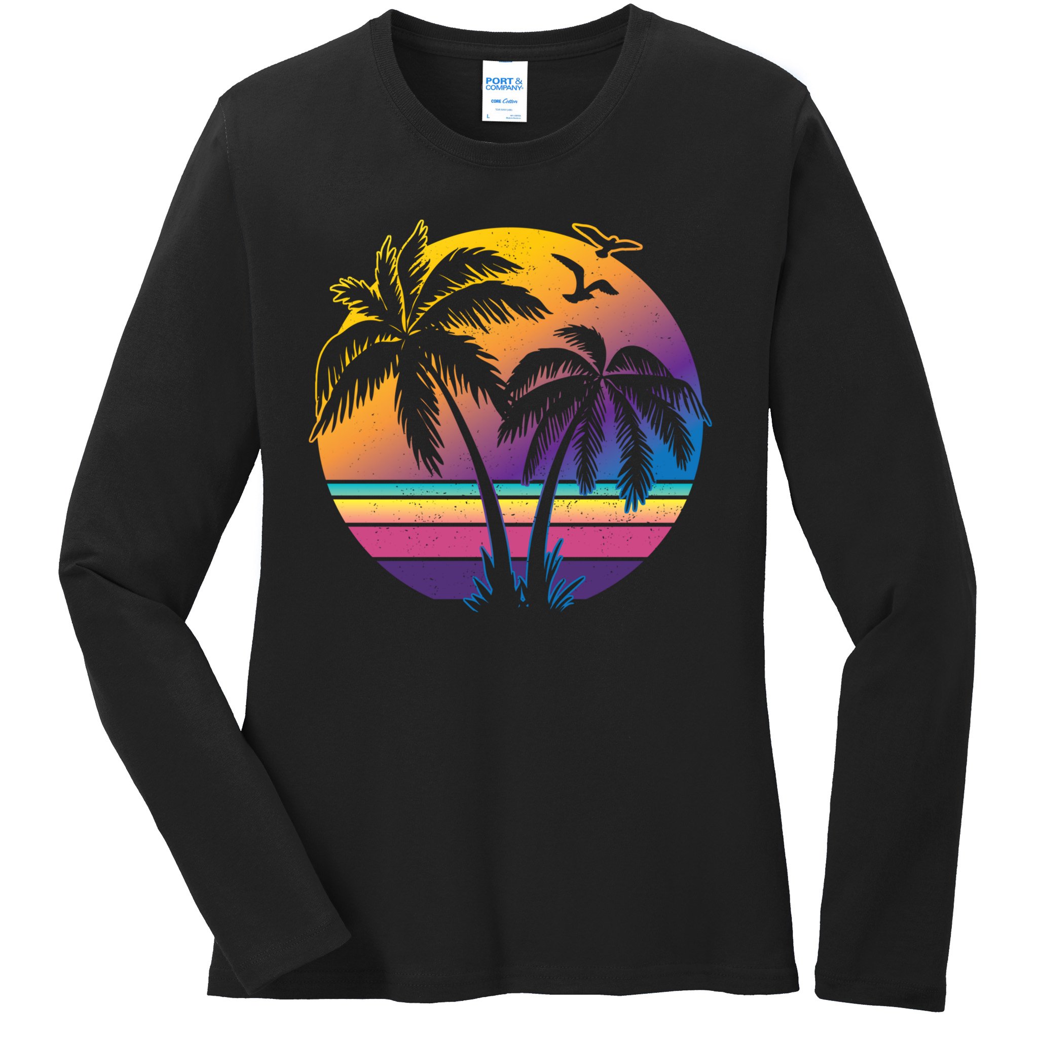 Vintage Sunset Palm Tree Gift Design Idea Beach Lovers Gift Ladies Long Sleeve Shirt