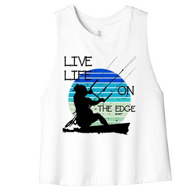 Vintage Sunset Retro Sunrise Black Kitesurfer Silhouette 1 Gift Women's Racerback Cropped Tank