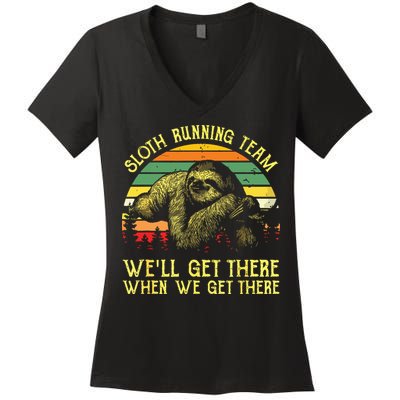 Vintage Sloth Running Team Well Get There Funny Sloth Women's V-Neck T-Shirt