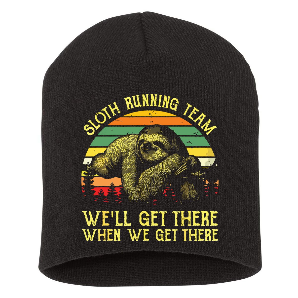 Vintage Sloth Running Team Well Get There Funny Sloth Short Acrylic Beanie