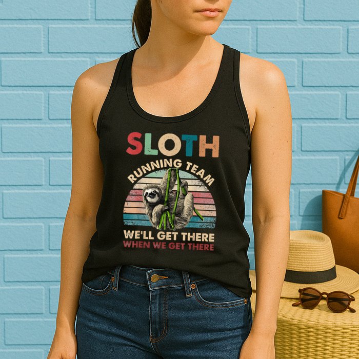 Vintage Sloth Running Team We'll Get There Funny Sloth Womens Tank Top