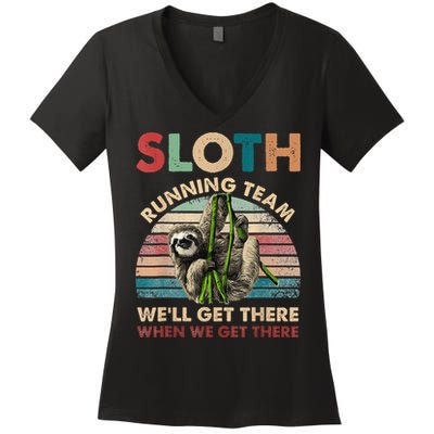 Vintage Sloth Running Team We'll Get There Funny Sloth Women's V-Neck T-Shirt