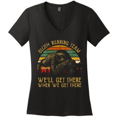 Vintage Sloth Running Team Well Get There Funny Sloth Women's V-Neck T-Shirt