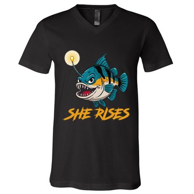 Vintage She Rises Cute Anglerfish Black Seadevils Funny Meme .Png V-Neck T-Shirt