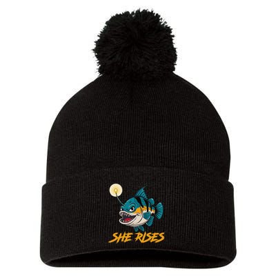 Vintage She Rises Cute Anglerfish Black Seadevils Funny Meme .Png Pom Pom 12in Knit Beanie
