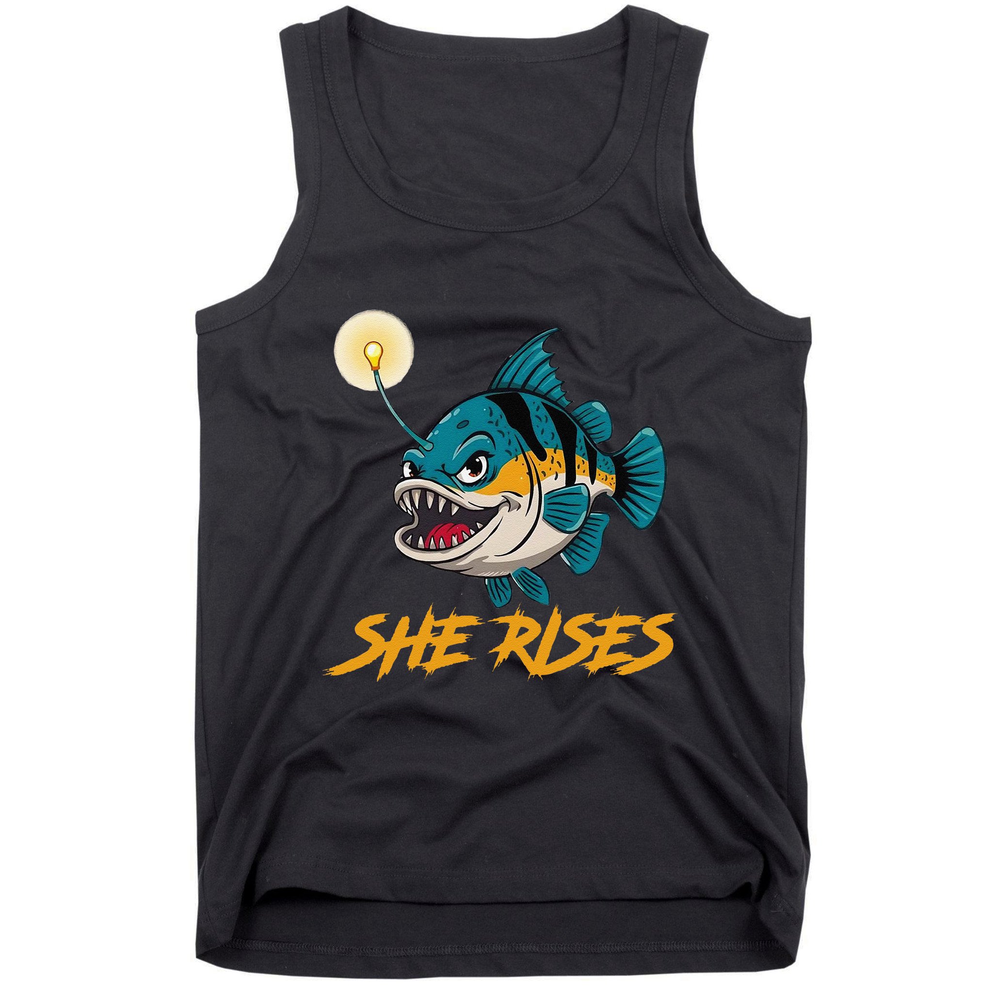Vintage She Rises Cute Anglerfish Black Seadevils Funny Meme .Png Tank Top