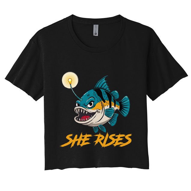 Vintage She Rises Cute Anglerfish Black Seadevils Funny Meme .Png Crop Top