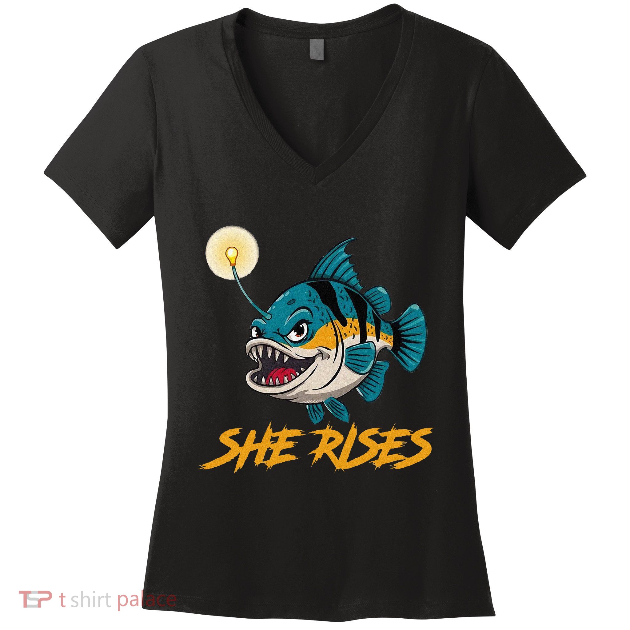 Vintage She Rises Cute Anglerfish Black Seadevils Funny Meme .Png Women's V-Neck T-Shirt