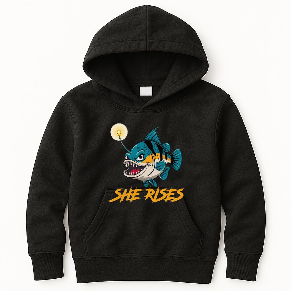 Vintage She Rises Cute Anglerfish Black Seadevils Funny Meme .Png Kids Hoodie