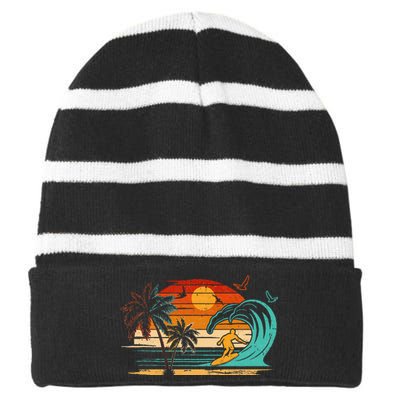 Vintage Surfer Retro Surfing Beach Surf Striped Beanie with Solid Band