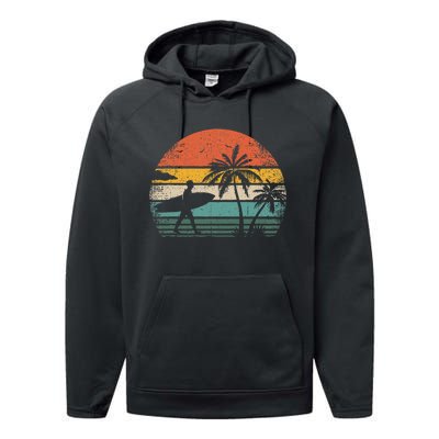 Vintage Surfing Retro Surf Style Palm Tree For Surfers Performance Fleece Hoodie