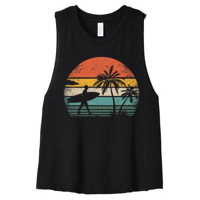 Vintage Surfing Retro Surf Style Palm Tree For Surfers Women's Racerback Cropped Tank