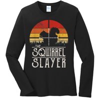 Vintage Sunset Retro Style Squirrel Hunting Squirrel Slayer Ladies Long Sleeve Shirt