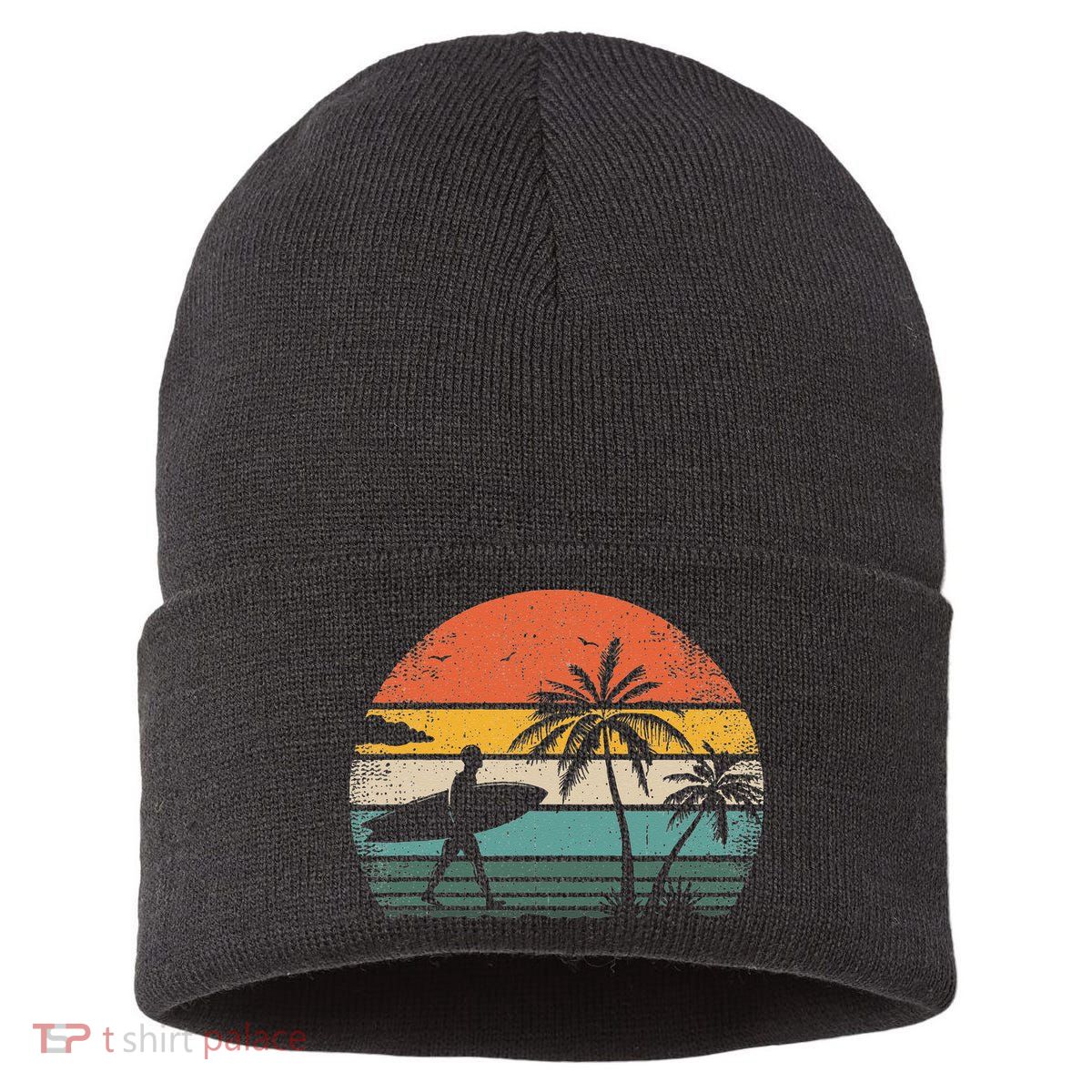 Vintage Surfing Retro Surf Style Palm Tree For Surfers Sustainable Knit Beanie