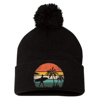Vintage Surfing Retro Surf Style Palm Tree For Surfers Pom Pom 12in Knit Beanie