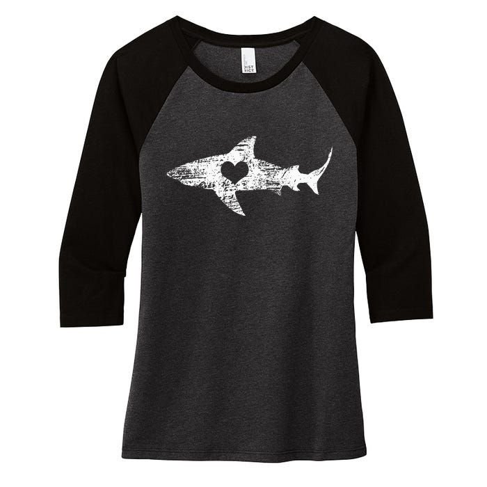 Vintage Shark Silhouette Hammerhead Shark Tiger Shark Heart Women's Tri-Blend 3/4-Sleeve Raglan Shirt