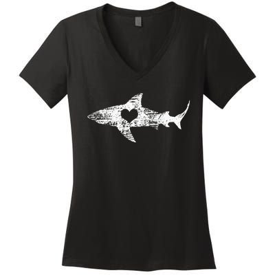 Vintage Shark Silhouette Hammerhead Shark Tiger Shark Heart Women's V-Neck T-Shirt