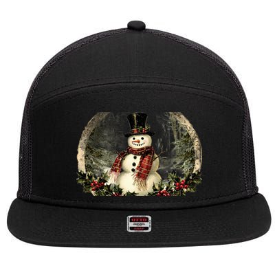 Vintage Snowman Scene 7 Panel Mesh Trucker Snapback Hat