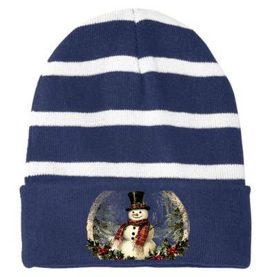 Vintage Snowman Scene Striped Beanie with Solid Band