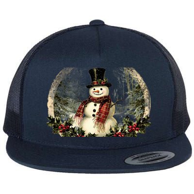 Vintage Snowman Scene Flat Bill Trucker Hat