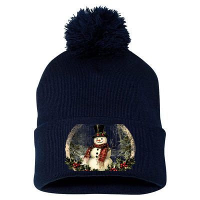 Vintage Snowman Scene Pom Pom 12in Knit Beanie