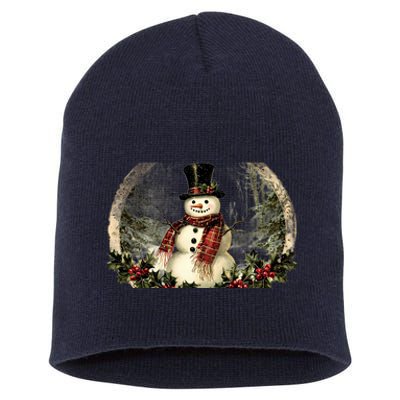 Vintage Snowman Scene Short Acrylic Beanie