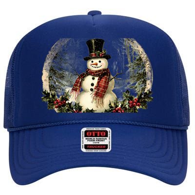 Vintage Snowman Scene High Crown Mesh Back Trucker Hat