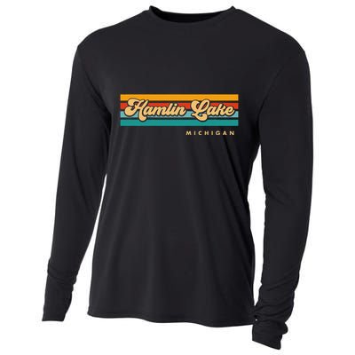 Vintage Sunset Stripes Hamlin Lake Michigan Cooling Performance Long Sleeve Crew